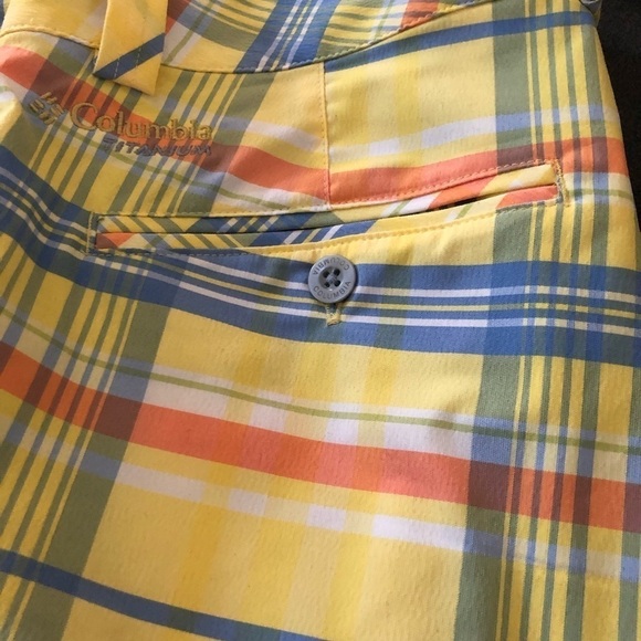 Columbia Titanium Plaid Bermuda Shorts Stretch Yellow/Blue Pockets Sz. 8 Summer - Picture 4 of 6
